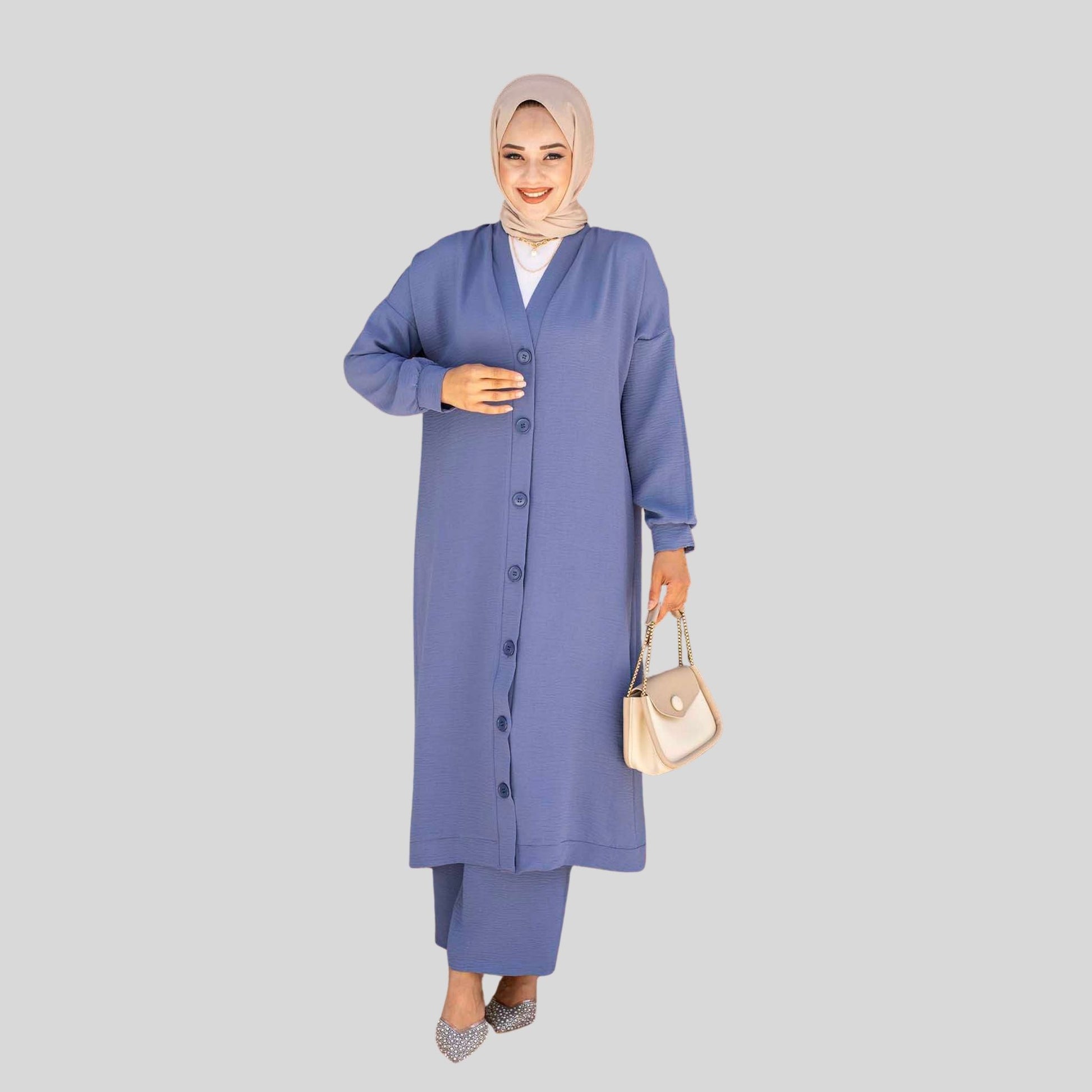 Voorzijde blauwe co-ord set met lange tuniek en broek – Rituwell