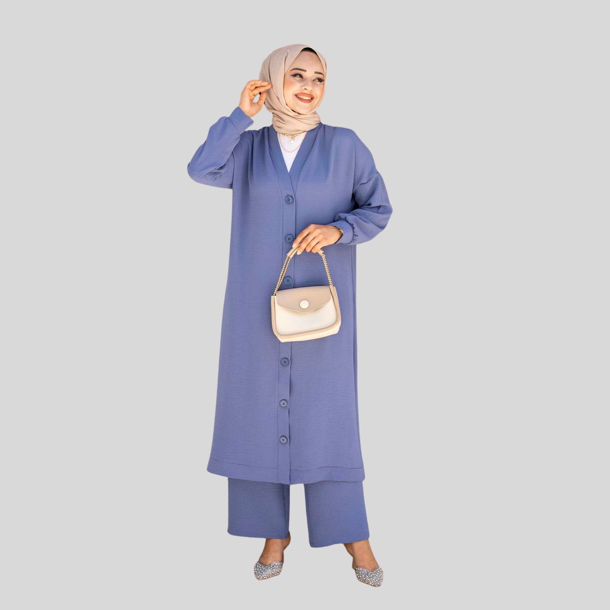 Vooraanzicht blauwe co-ord set met lange tuniek en broek – Rituwell