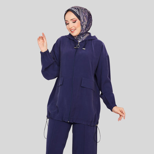 Detail/close-up donkerblauw co-ord set dames met kapuchon – Rituwell