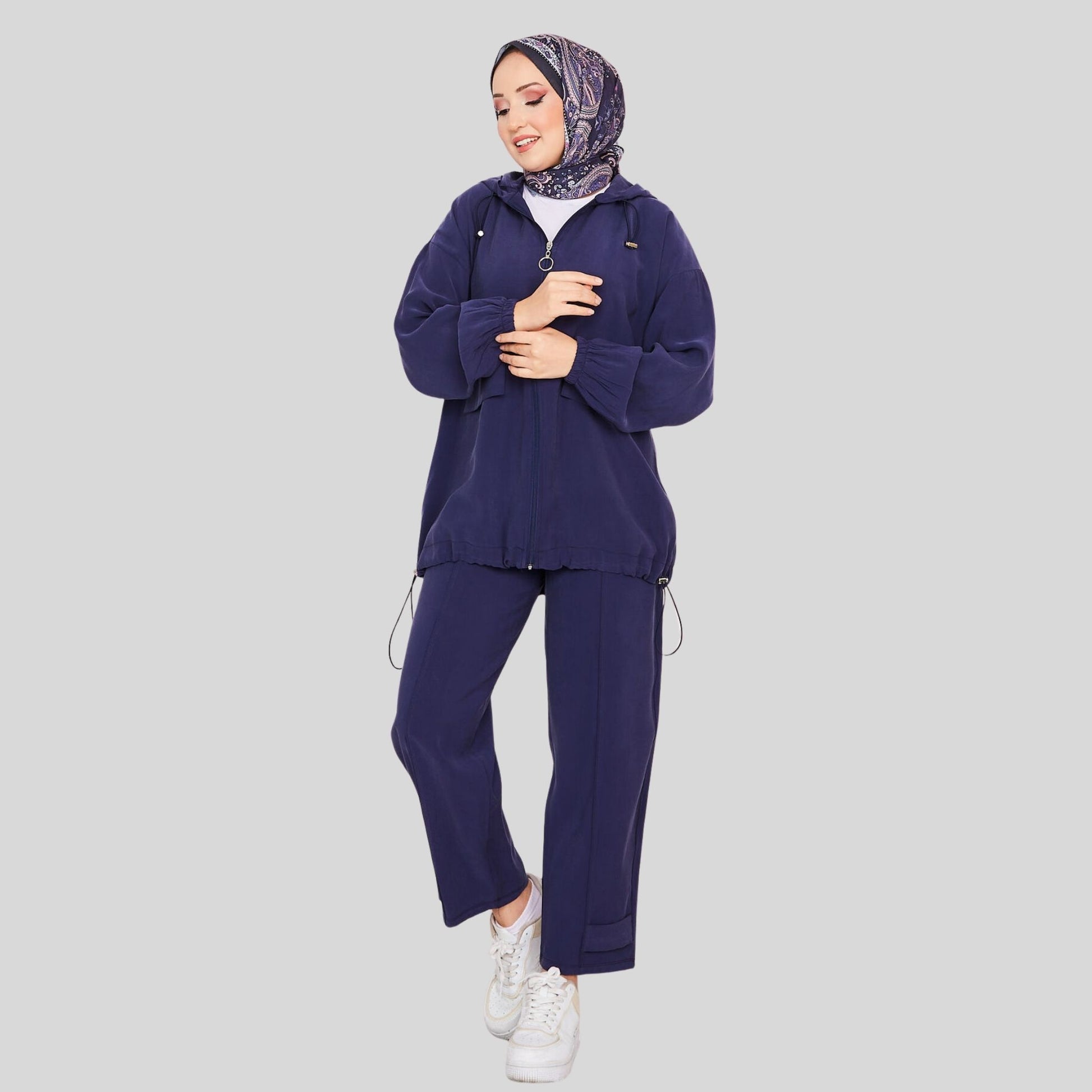 Vooraanzicht donkerblauw co-ord set dames met kapuchon – Rituwell