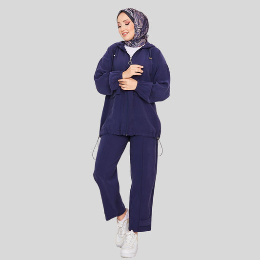 Vooraanzicht donkerblauw co-ord set dames met kapuchon – Rituwell