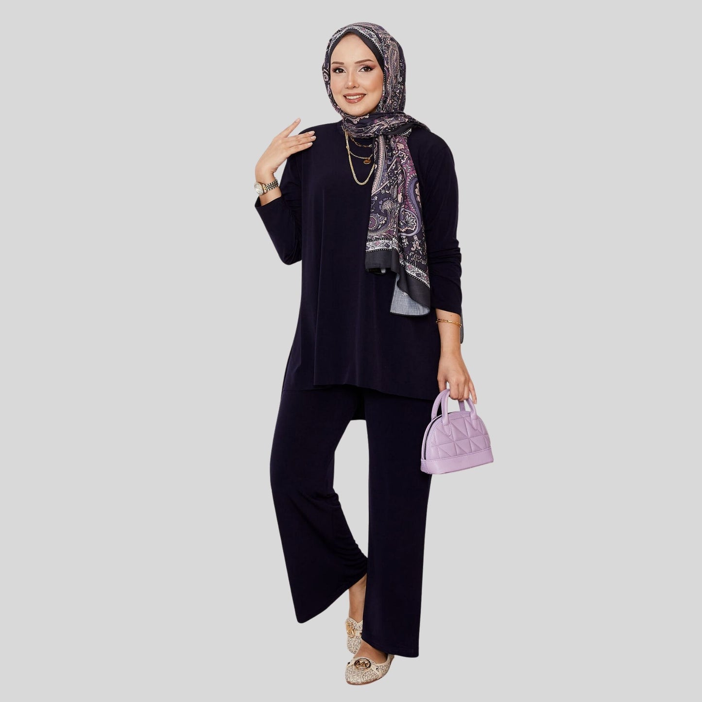 Vooraanzicht donkerblauw sandy co-ord set dames met tuniek en broek – Rituwell