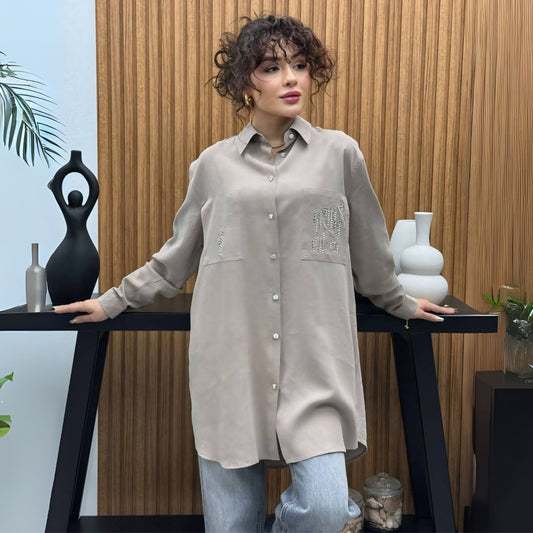 Close-up Lyocell tuniek dames beige kleur met glinsterende borstzakken – Rituwell