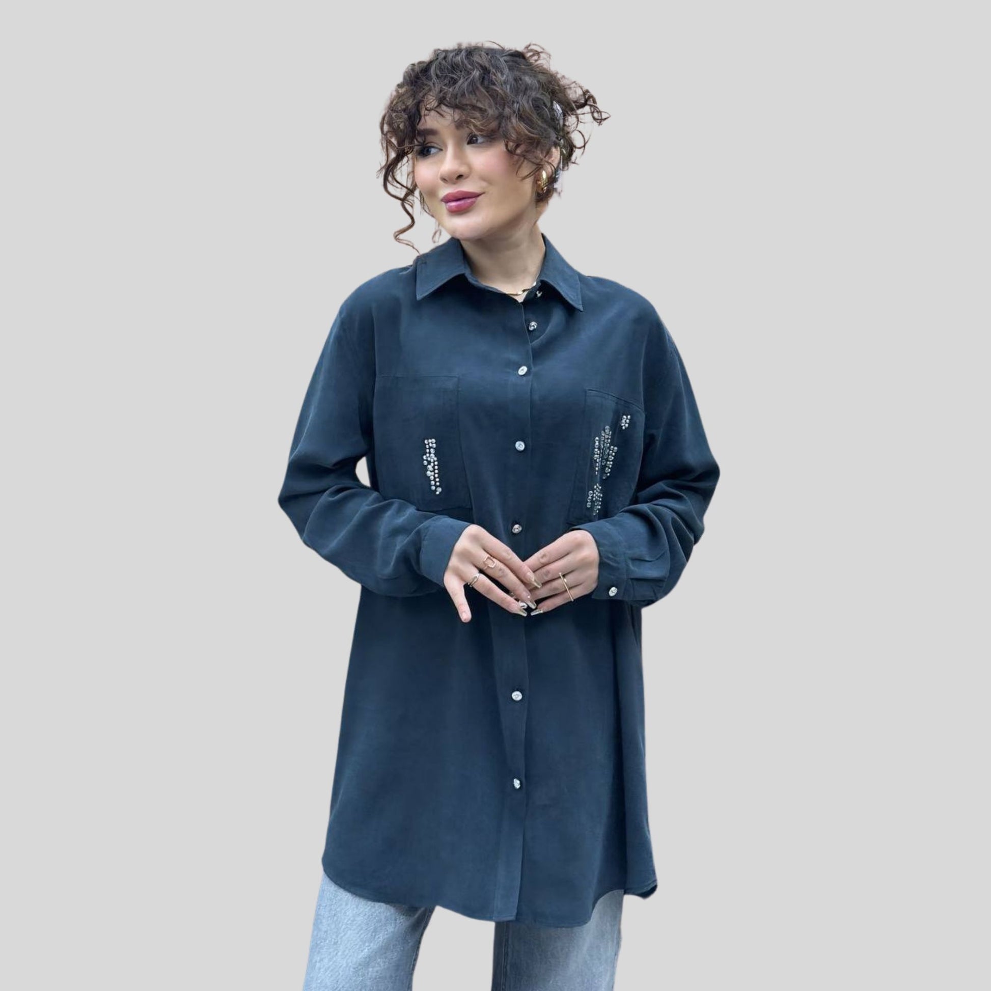 Close-up Lyocell tuniek dames marineblauw met glinsterende borstzakken – Rituwell