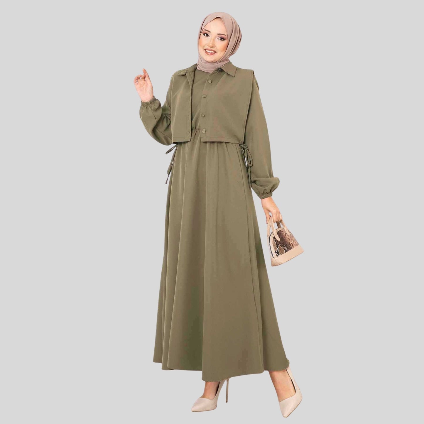 Groene maxi jurk met bolero en lange mouwen – vooraanzicht, Rituwell